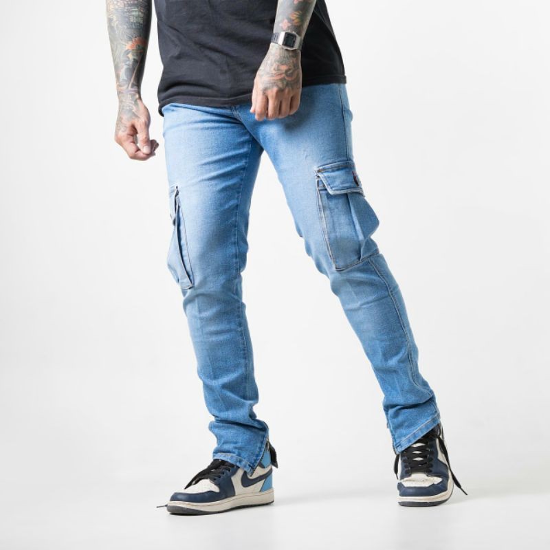 Celana Jeans Cargo pria