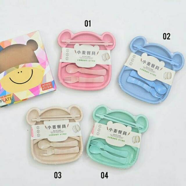 Cute Monkey Plate Wheat Straw Set 4in1
