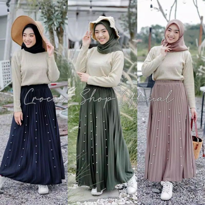 Rok Plisket Mutiara Premium (Bisa COD)