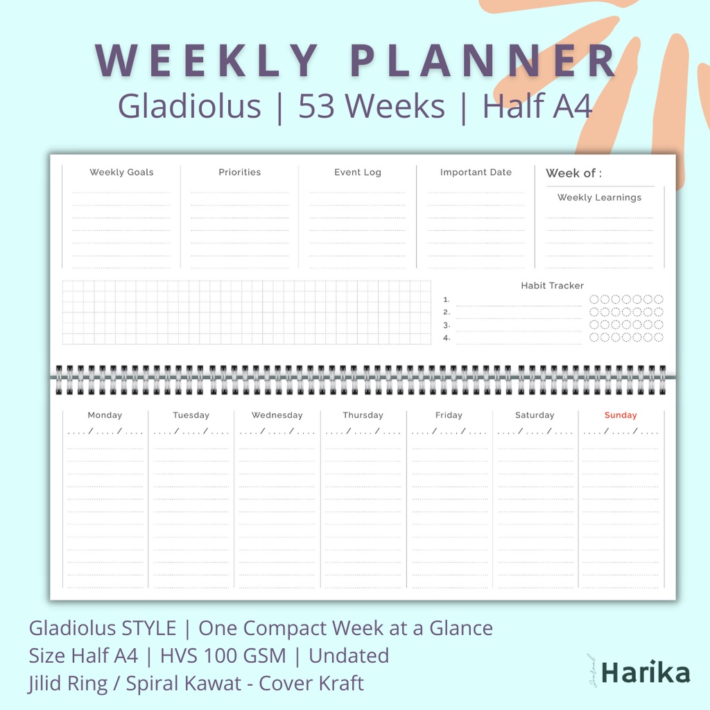 Weekly Planner Undated | A5 / Half A4 | Gladiolus