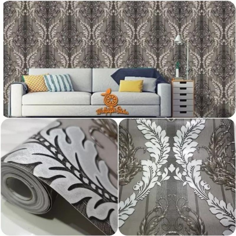 wallpaper sticker dinding batik hitam silver