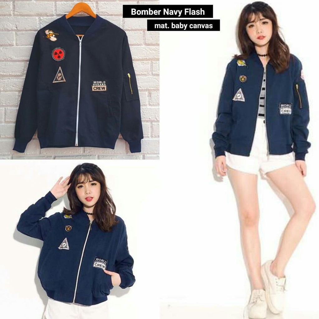 Jaket Bomber Cewek Navy Flash
