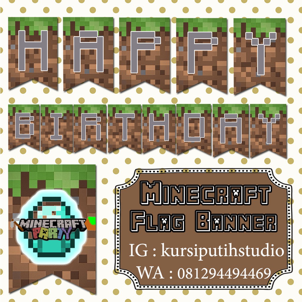 Birthday Flag Banner tema minecraft complete set