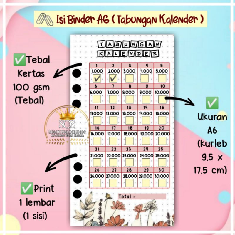 Tabungan Kalender | Kertas Binder A6