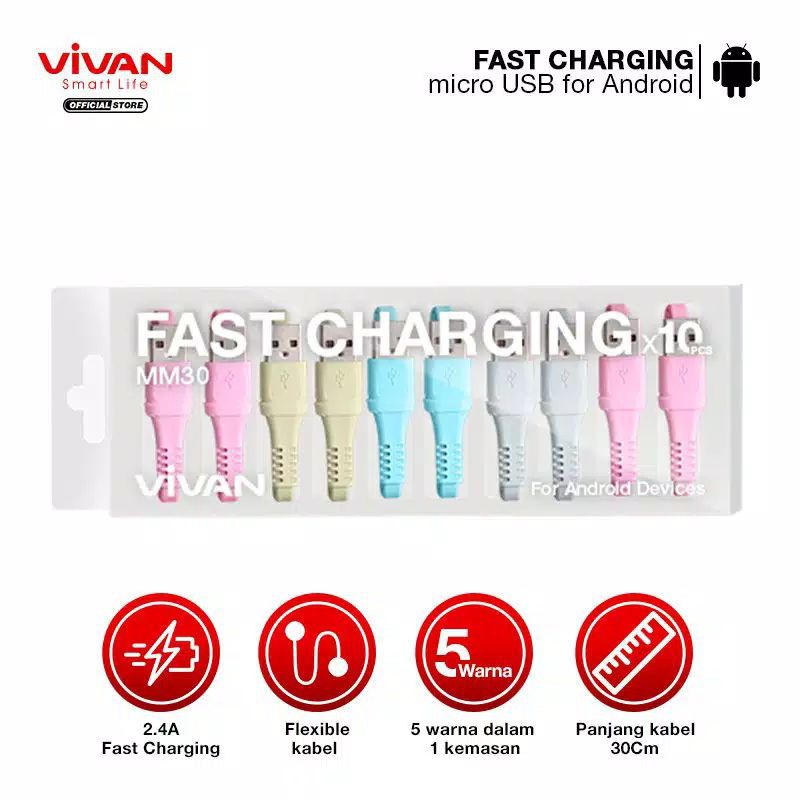 Kabel Data VIVAN MM30 USB Micro Data Fast Charging Original 2.4A