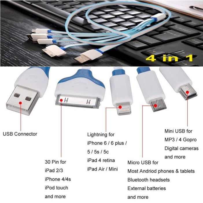 Kabel Data Charging 4in1 Lightning Micro USB Cable Quick Charge Phone
