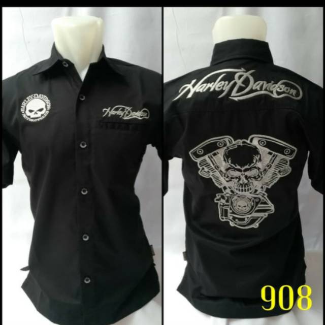 Kemeja Harley Davidson engine skull black