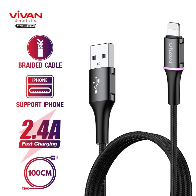 Kabel Lightning VIVAN VDL100 iPhone 2.4A LED Light