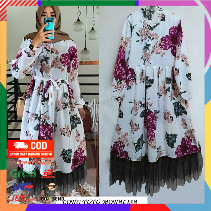 ✨ BISA COD ✨ LONG TUNIK TUTU BUNGA MONALISA - Putih
