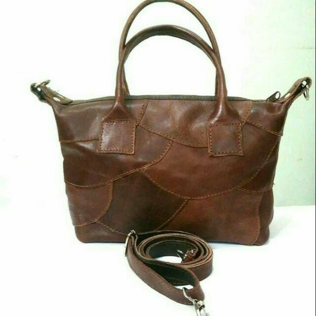 Tas Kulit Patchwork Coklat Tua Tali Dua