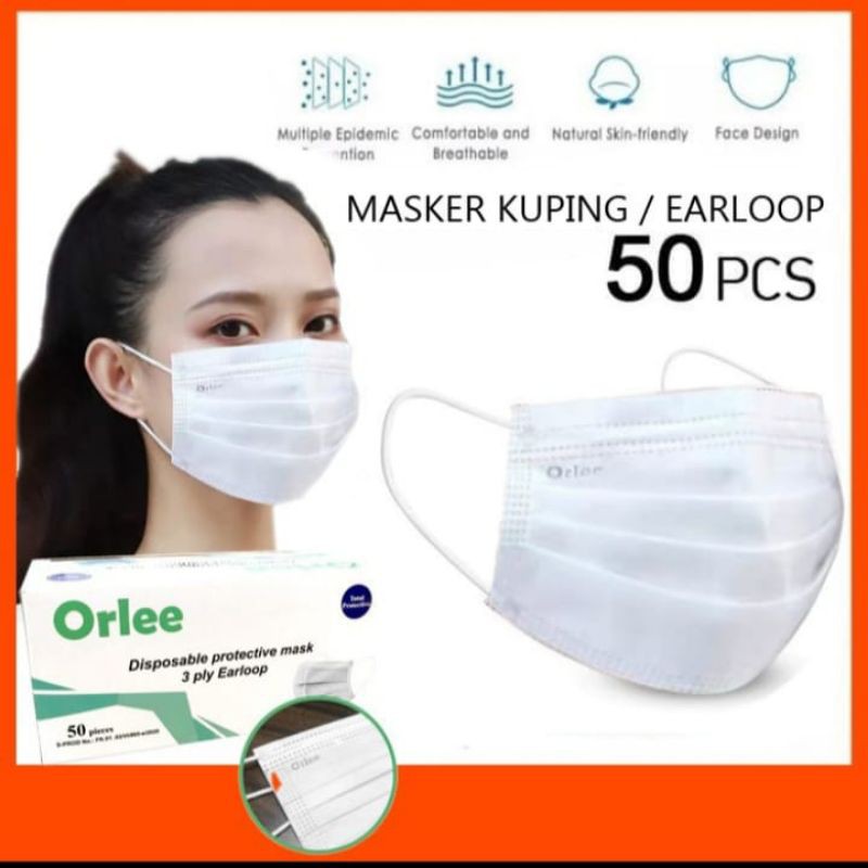 masker 3ply 50pc orlee earloop putih