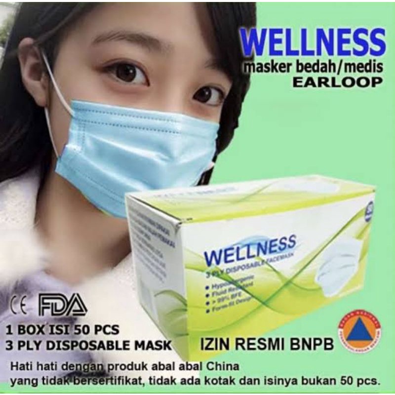 masker wellness 3ply 50pcs earloop biru