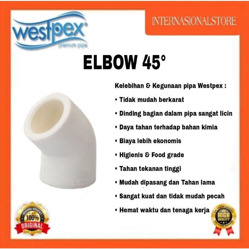Fitting pipa PPR westpex Elbow 45° L50