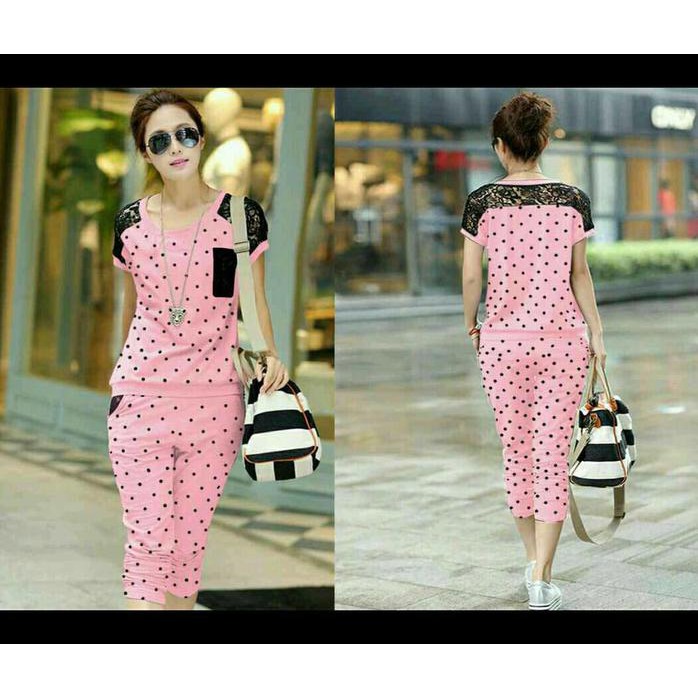 Setelan Polkadot Pink Best Quality