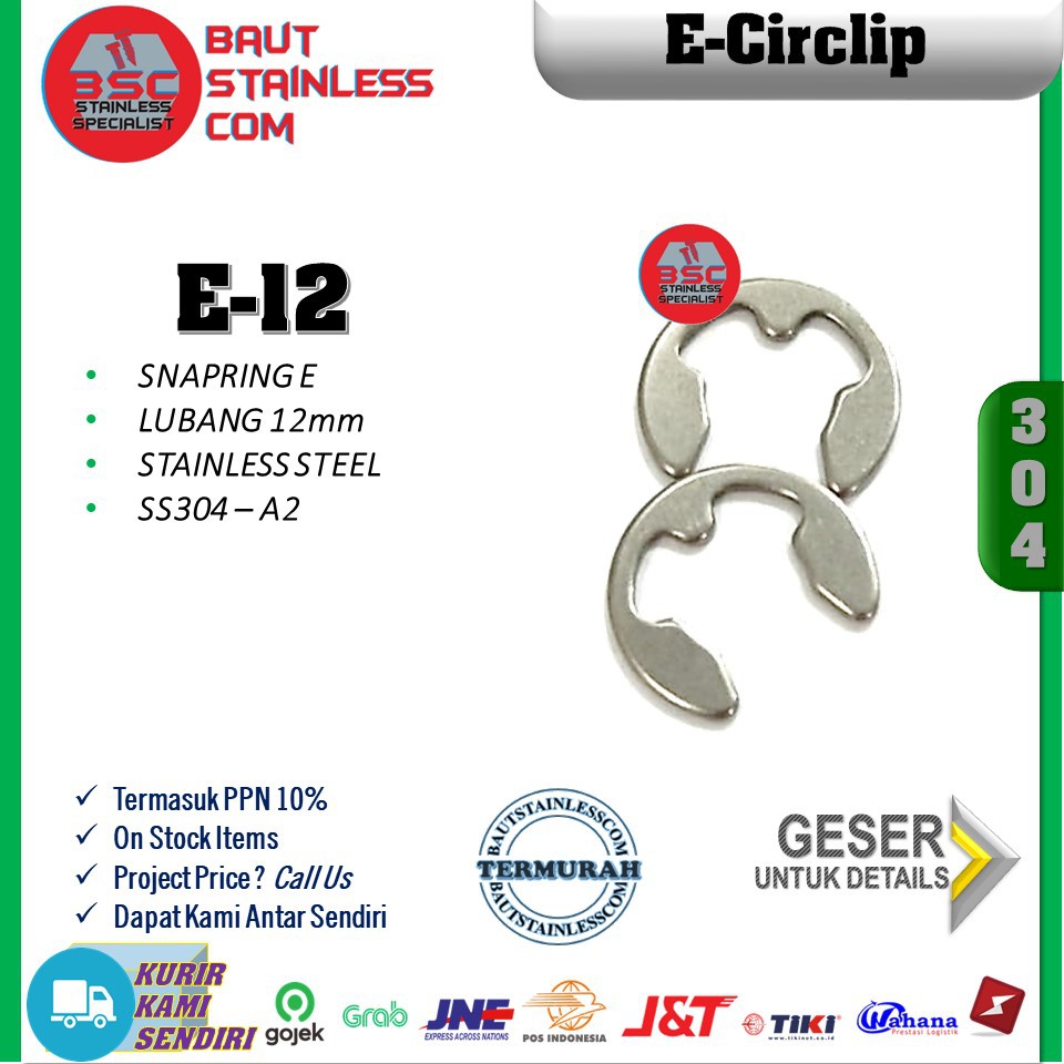 CIRCLIP SNAPRING STAINLESS SS304 TYPE - E12 LOCKING SNAP RING ISI 5 PCS