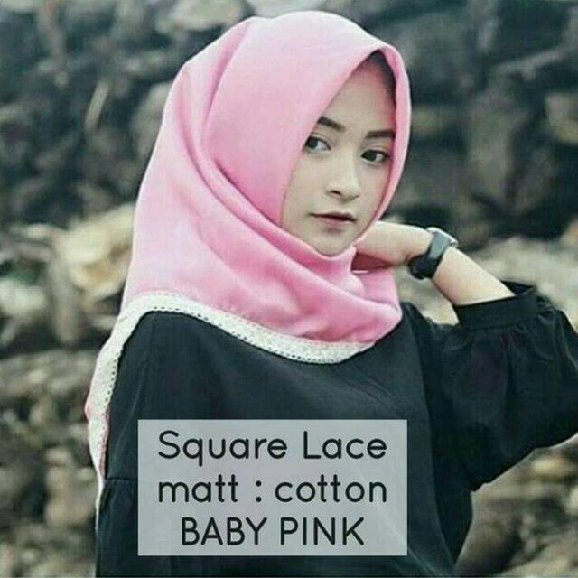 Jilbab segiempat katun renda lace polos/sequare