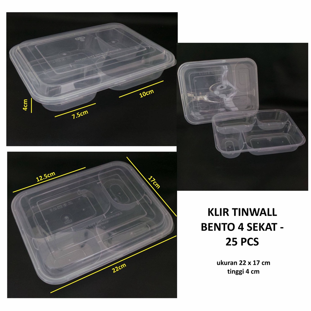 Klir thinwall bento sekat 4 - 25pcs