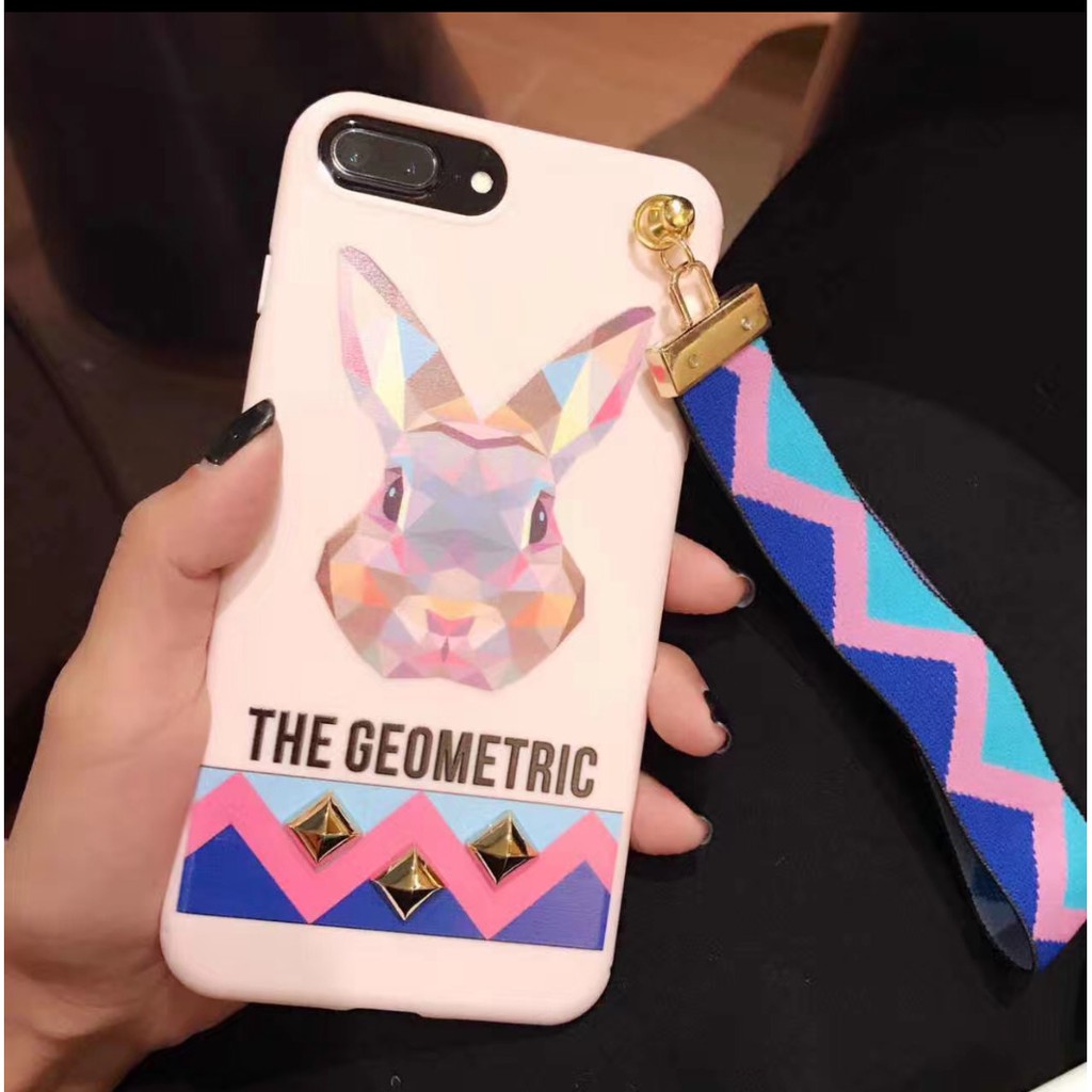 Soft Case Iphone with strap, Casing 6/6S, 6/6S Plus, 7 & 7 Plus, Rubber - Geometric Rabbit