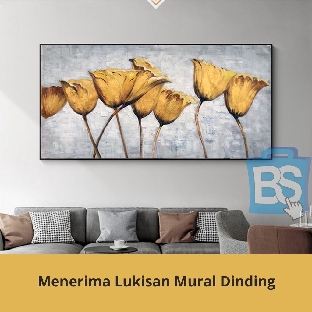 Lukisan minyak bunga emas texture tebal timbul