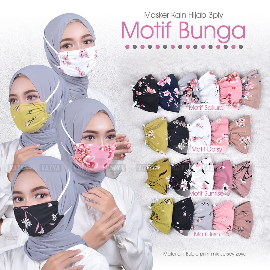 Masker Kain Hijab 3 Lapis Motif Bunga Headloop