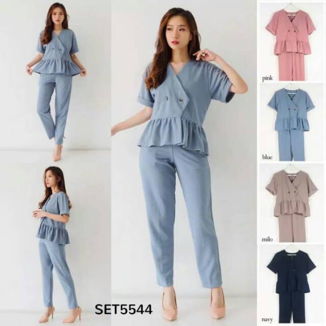 Buttons Peplum Set Top & Pants SET 5544