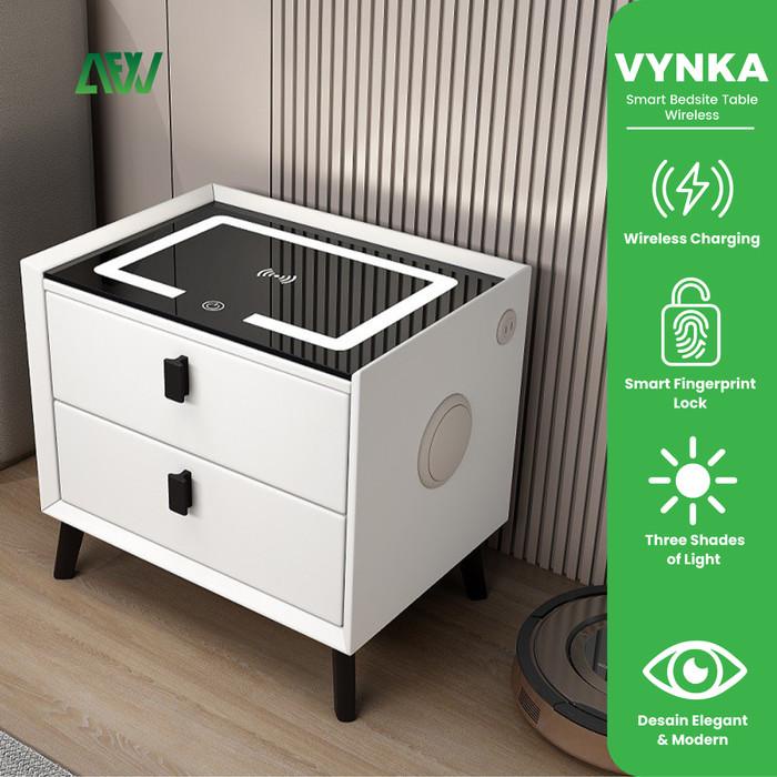 Terlaris Vynka Smart Bedside Table Wireless Charging + Bluetooth Speaker+Drawer