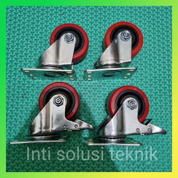Terlaris Roda Polyurethane / Pu 3 Inch Set ( 2 Putar+Rem, 2 Putar ) Roda Trolly