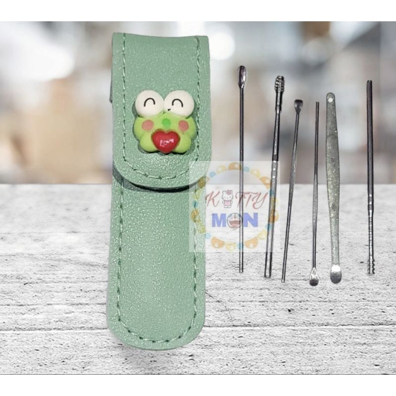 (cod) Korek kuping set 6 in 1 stainless keroppi