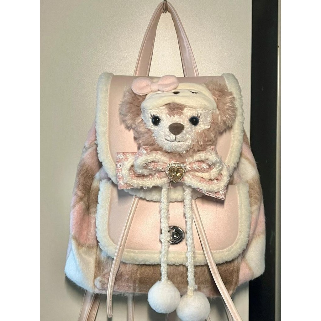 Tas Wanita/Lamb Wool Backpack Large Plaid Backpack