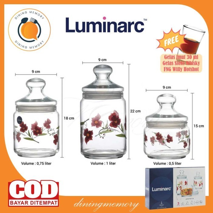 Luminarc Toples Kaca Bunga Anthia Jar Set - 3 Pcs/Set