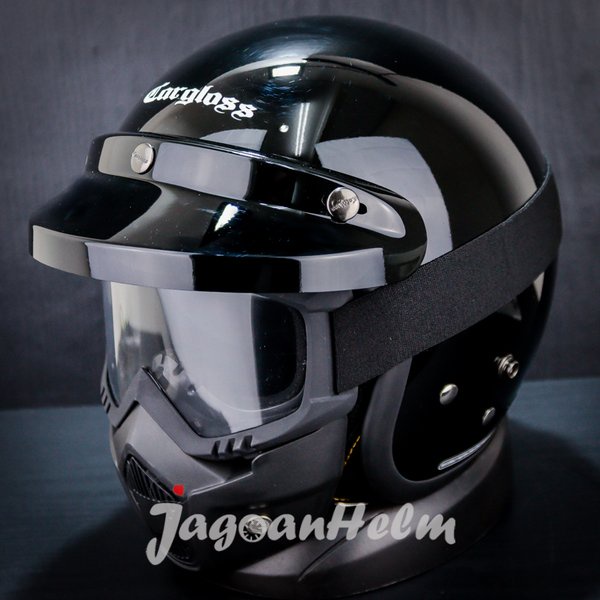 Cargloss Helm Cfm Retro Solid Cf Retro Black Glossy + Goggle Mask