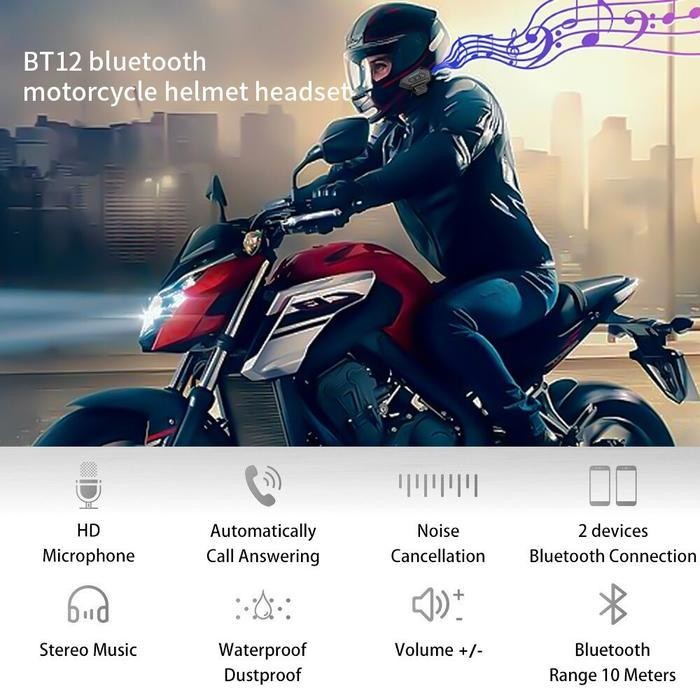 Intercom Headset Bluetooth Helm Motorcycle Wireless - Bt-12 - Black Original Dan Terpercaya