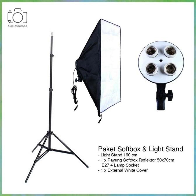 Paket Light Stand & Soft Box 4 Lamp Socket E27 New Stok