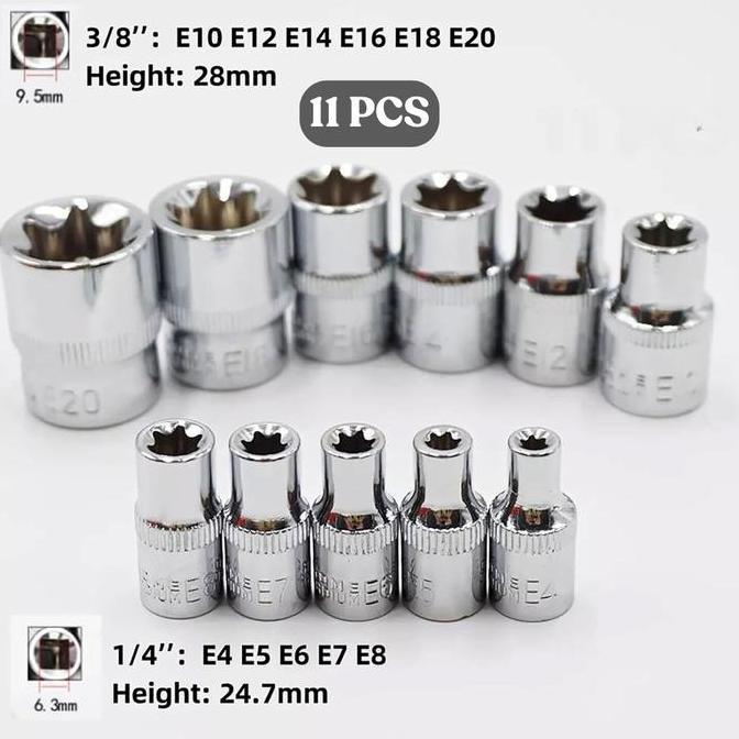 kangsutarmani6 - kunci sock bintang shank 1/4 3/8 inch drive star socket set 11 pcs kepala shock female e4 e5 e6 e7 e8 e10 e12 e14 e16 e18 e20