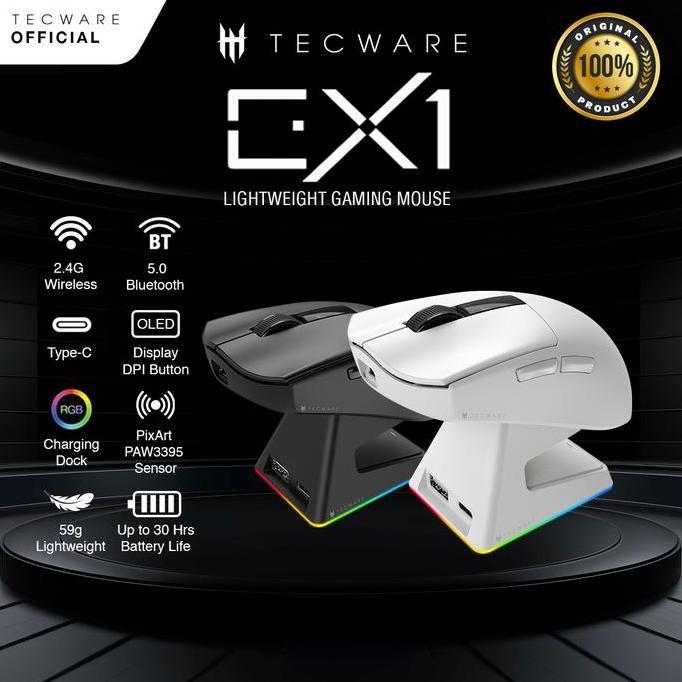 Tecware EX1 26k wireless mouse w/ OLED display and RGB charging dock White Computer Pc