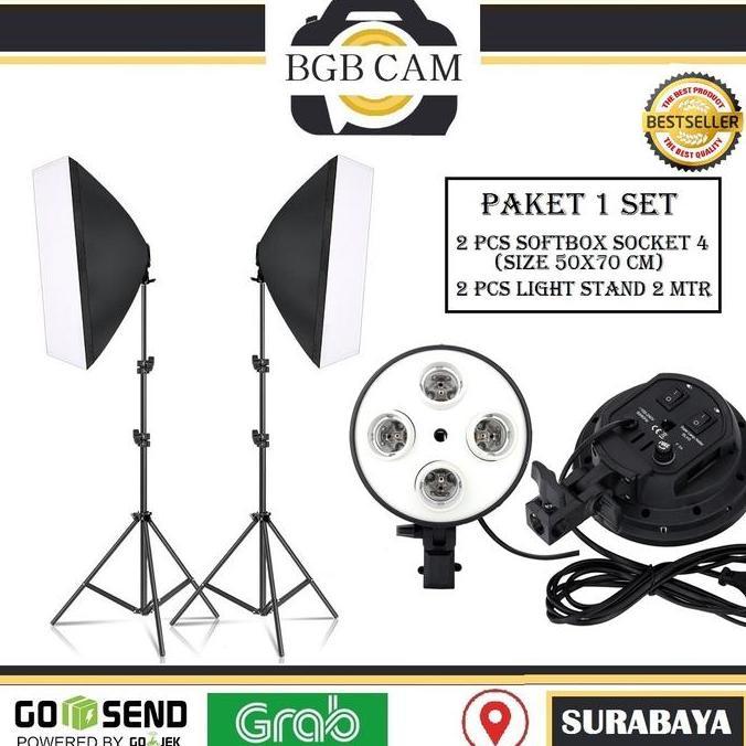 Set Softbox 4 SOCKET : 2 Light stand + 2 Soft Box 50x70cm Paket Studio
