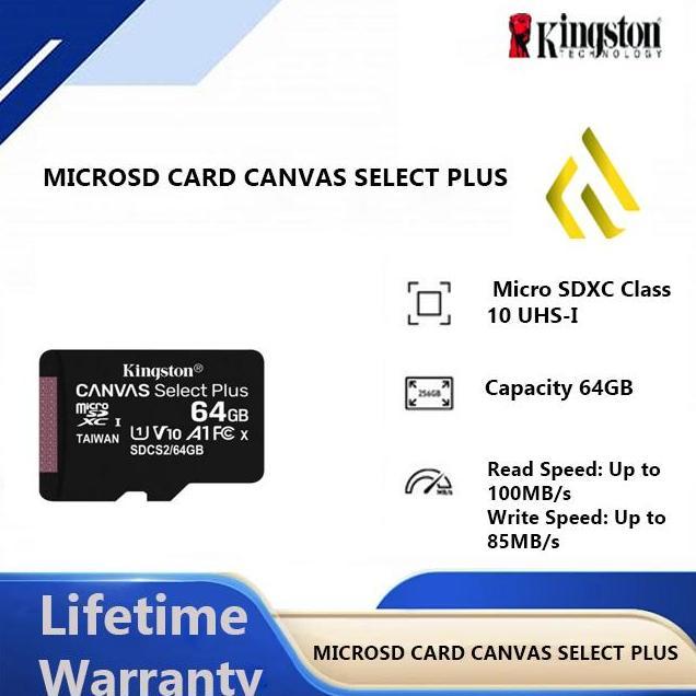 Micro SD Kingston Canvas Select Plus 64GB MicroSDHC 100MB/s A1