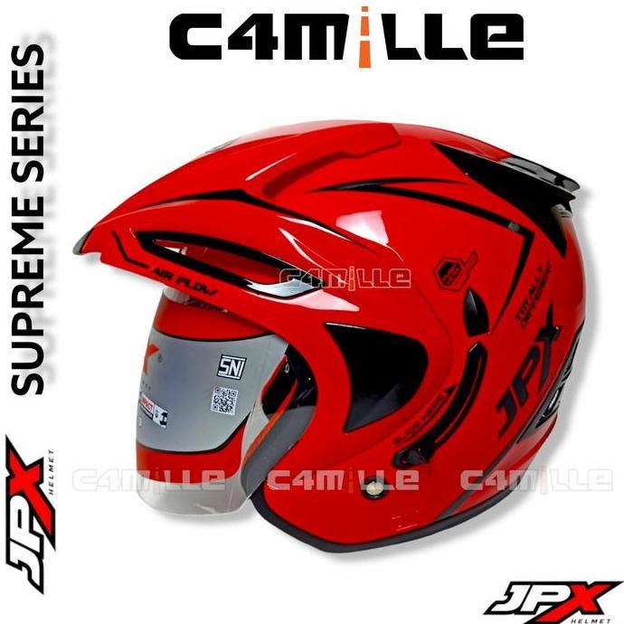 TERLARIS!! HELM JPX SOLID FIRE RED DOUBLE VISOR HALF FACE