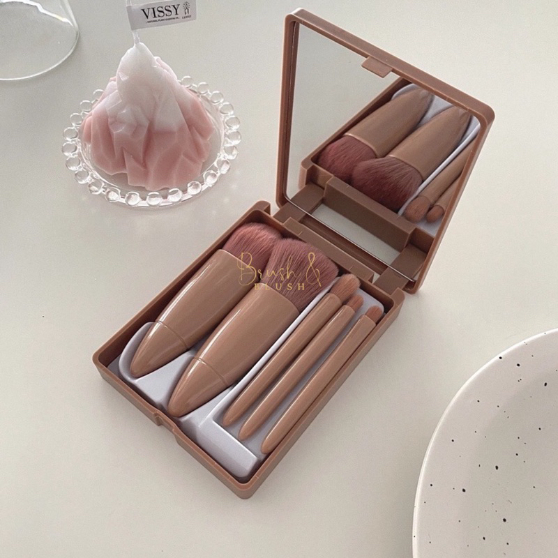 Make Up Brush Set + Cermin Mini Make Up Brush Kit with Mirror
