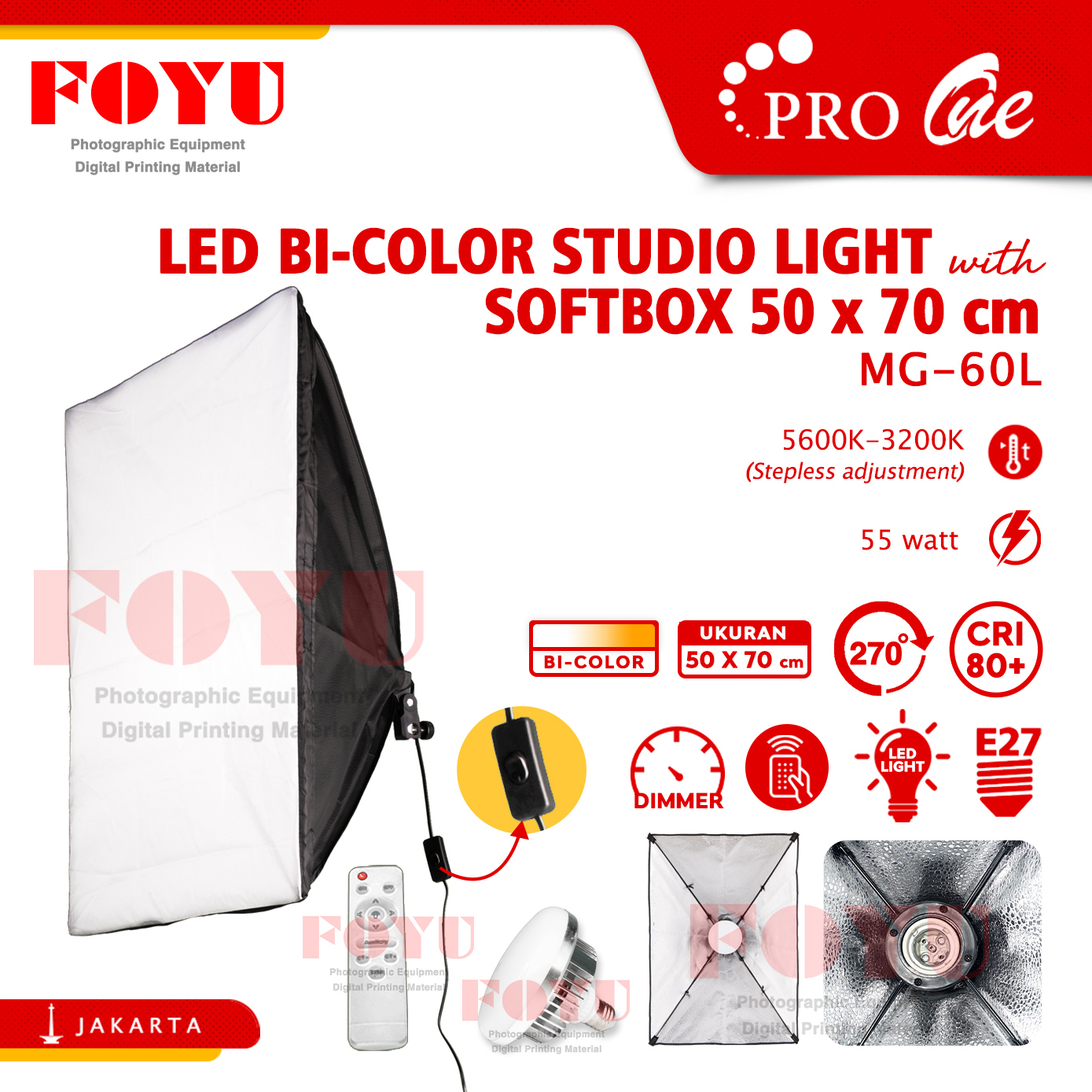 LED BiColor Studio Light With Softbox 50x70 cm Single Socket E27 Pro One MG-60L