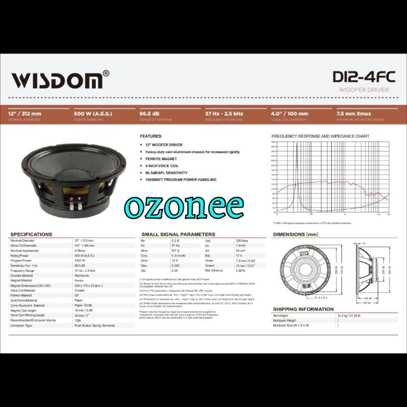 SPEAKER KOMPONEN WISDOM D12 4FC ORIGINAL 12 INCH DC124FC PERPCS
