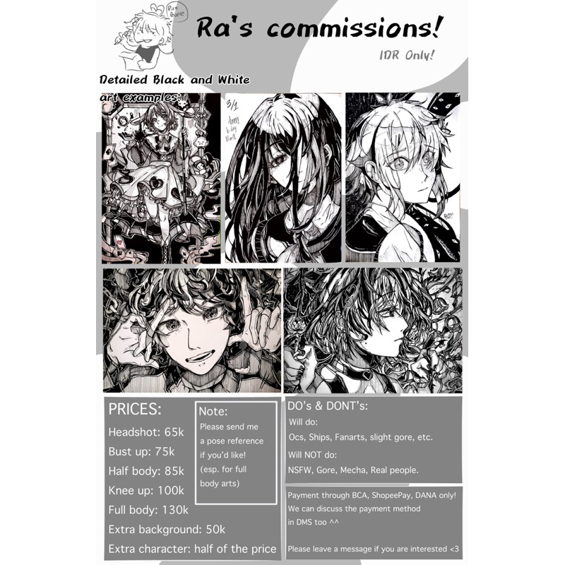 OPEN COMMISSION A4 B&W DRAWING