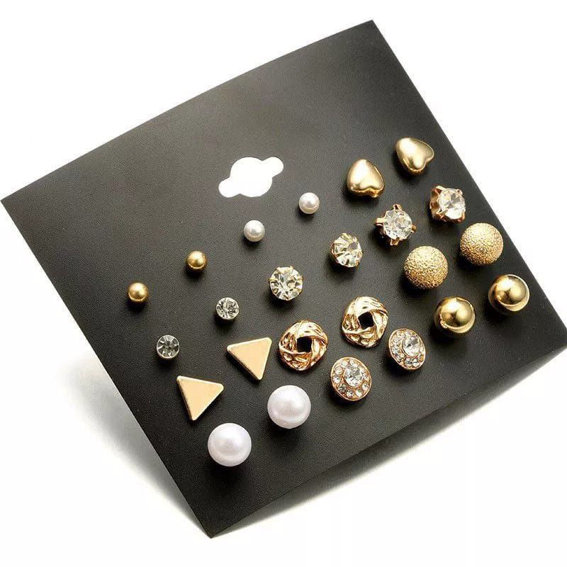 (Isi 12psg) Anting Set Pearl Crystal Stud Triangle Bar