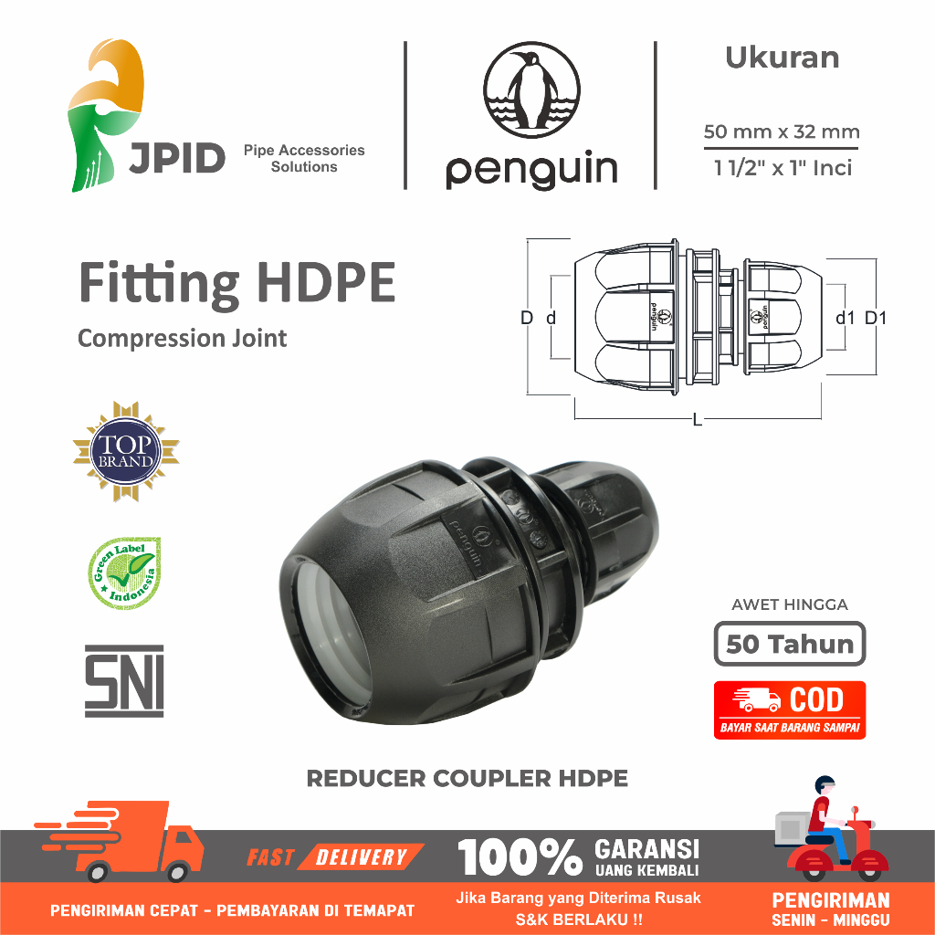 Fitting HDPE Reducer Coupler 50mm x 32mm