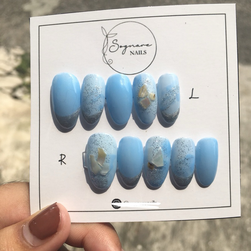 Fake nails press on nails blue shell custom
