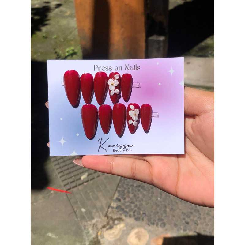 Press On Nails - Maroon Flower 3D