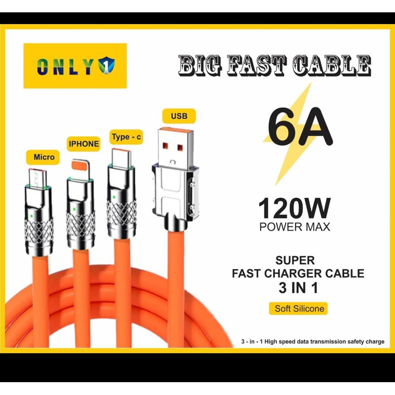 Kabel Data USB 3in1 120watt 6A Micro , Type C , Iphne