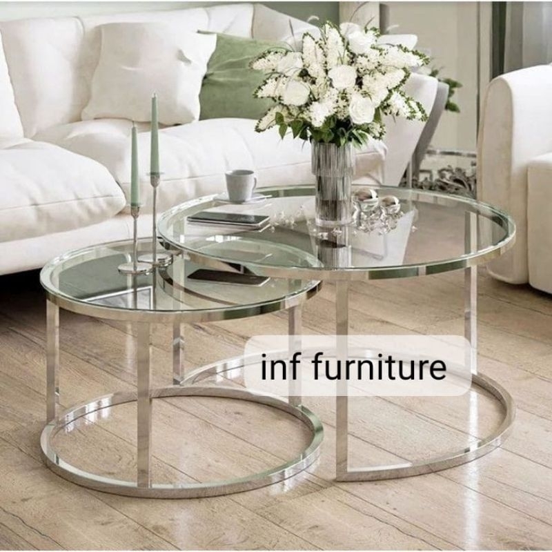 coffe table stainless top kaca mewah