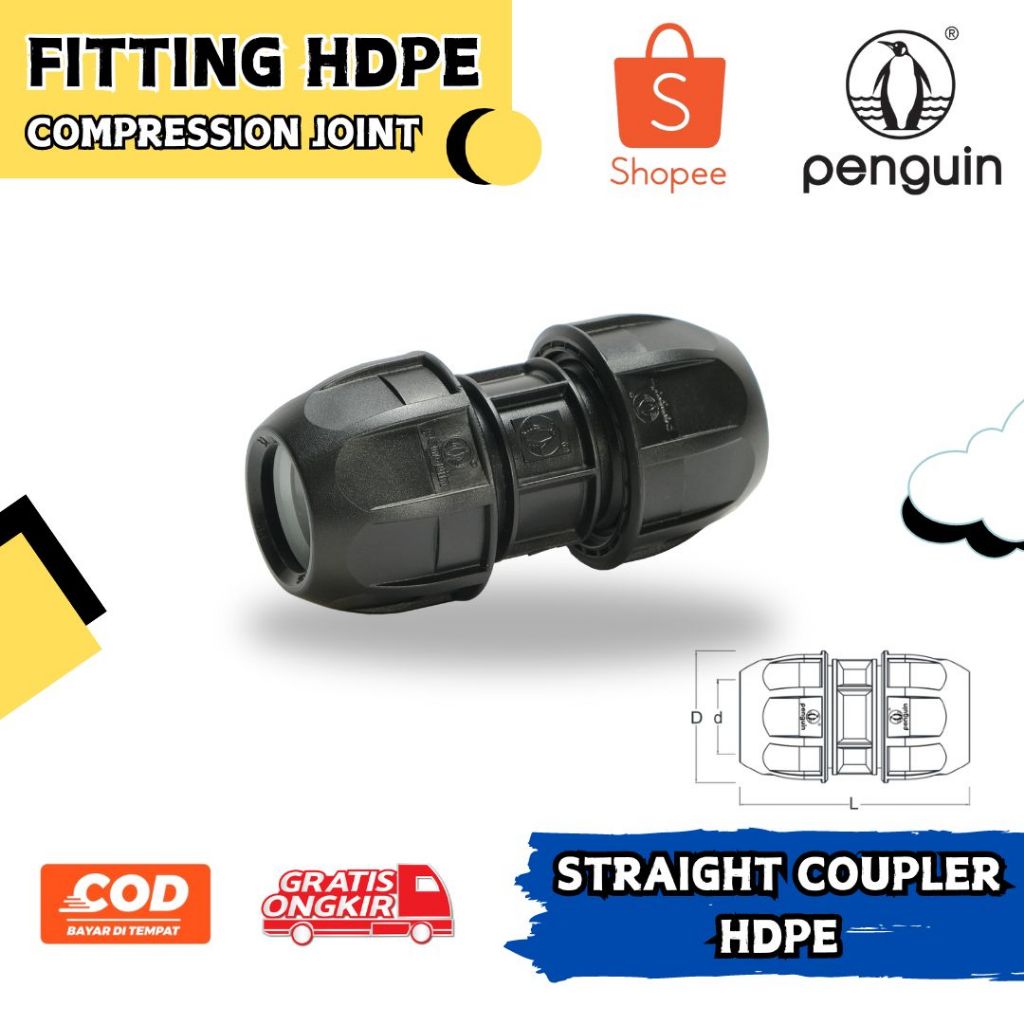 Sambungan Pipa HDPE Coupler/ Coupling 2" (63mm) Fitting Compression Penguin