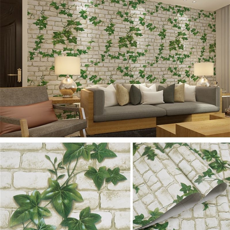 Wallpaper Sticker Dinding Batu Bata Putih Daun Rambat